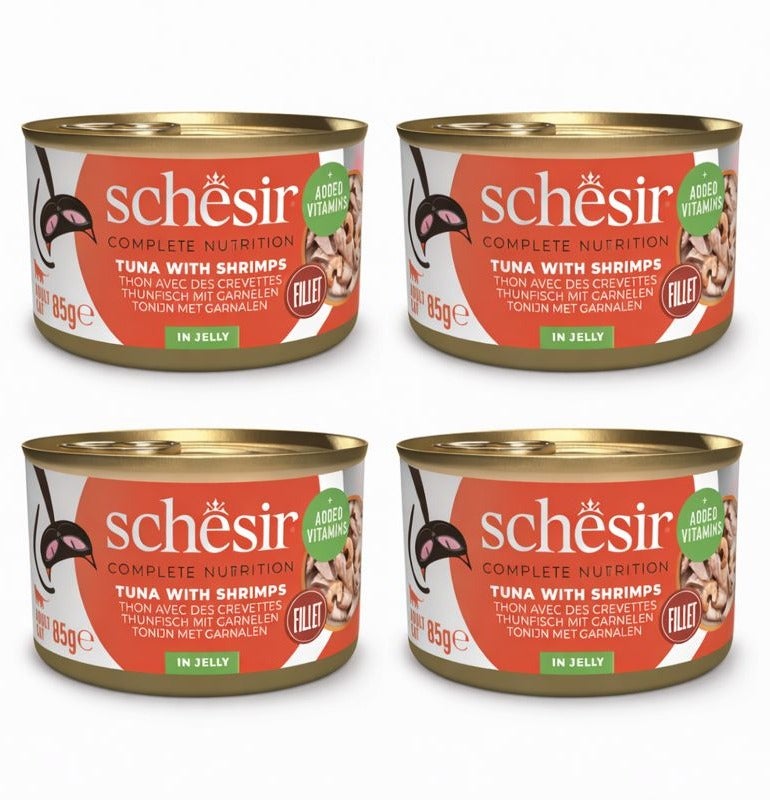 Schesir Complete Nutrition – Tuna with Shrimps in Jelly – Complete & Balanced Wet Cat Food – Added Vitamins – 4 × 85 g - Image 1